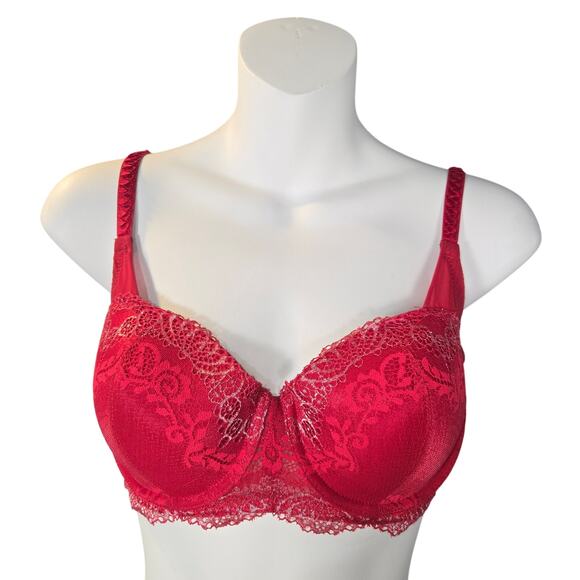 DKNY Red Lace Underwire Push-Up Bra 32D Floral Lightly Padded Feminine Sexy - Picture 1 of 7